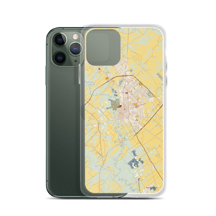 Custom Victoria Texas Map Phone Case in Woodblock on Table with Laptop and Plant