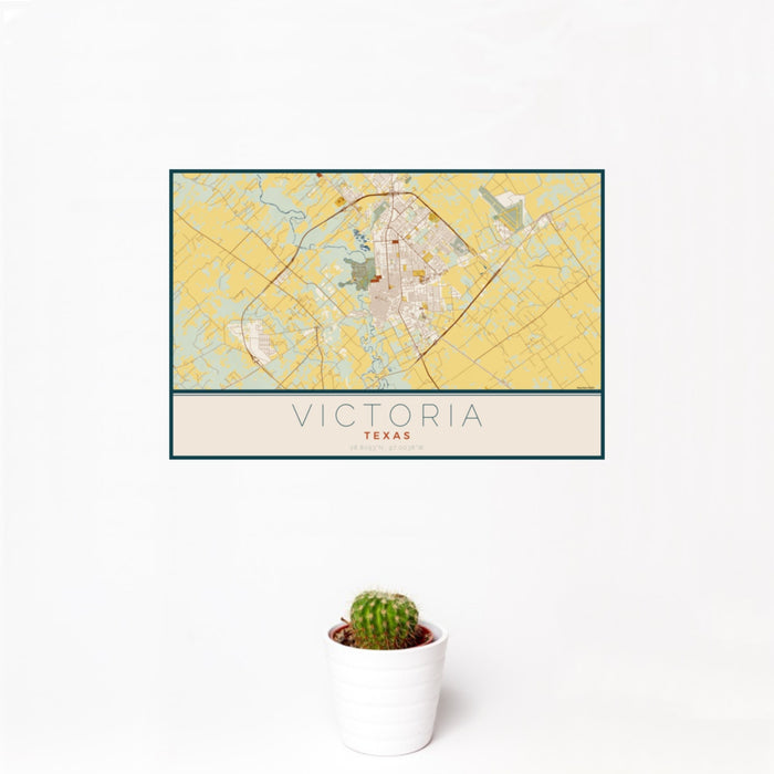 12x18 Victoria Texas Map Print Landscape Orientation in Woodblock Style With Small Cactus Plant in White Planter