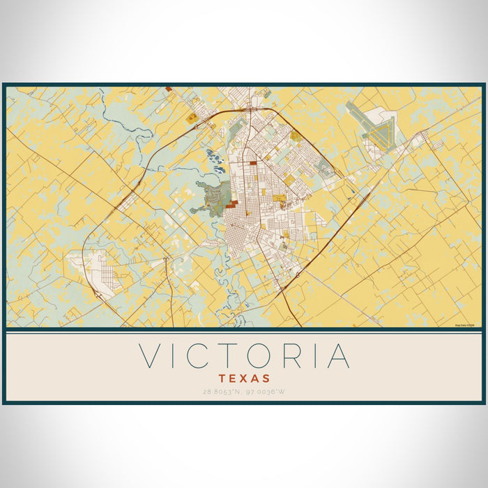 Victoria Texas Map Print Landscape Orientation in Woodblock Style With Shaded Background