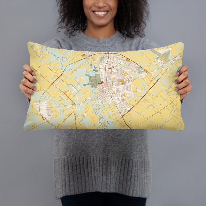 Person holding 20x12 Custom Victoria Texas Map Throw Pillow in Woodblock