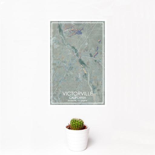 12x18 Victorville California Map Print Portrait Orientation in Afternoon Style With Small Cactus Plant in White Planter