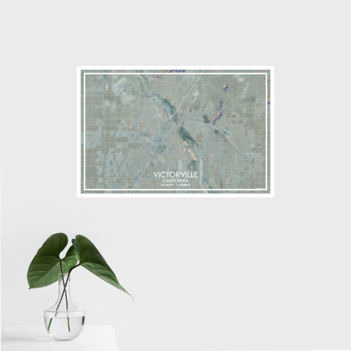 16x24 Victorville California Map Print Landscape Orientation in Afternoon Style With Tropical Plant Leaves in Water