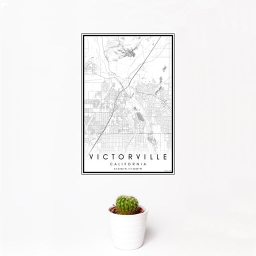 12x18 Victorville California Map Print Portrait Orientation in Classic Style With Small Cactus Plant in White Planter