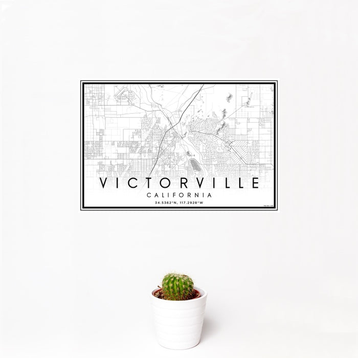 12x18 Victorville California Map Print Landscape Orientation in Classic Style With Small Cactus Plant in White Planter