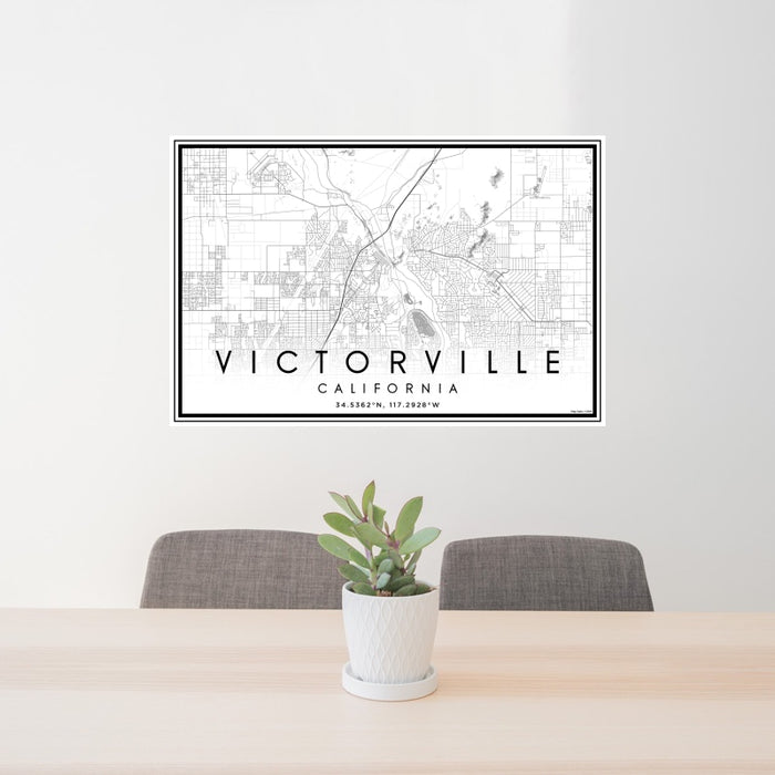 24x36 Victorville California Map Print Landscape Orientation in Classic Style Behind 2 Chairs Table and Potted Plant