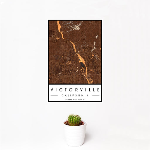 12x18 Victorville California Map Print Portrait Orientation in Ember Style With Small Cactus Plant in White Planter