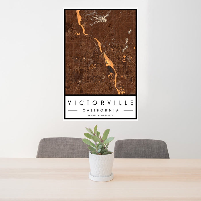 24x36 Victorville California Map Print Portrait Orientation in Ember Style Behind 2 Chairs Table and Potted Plant