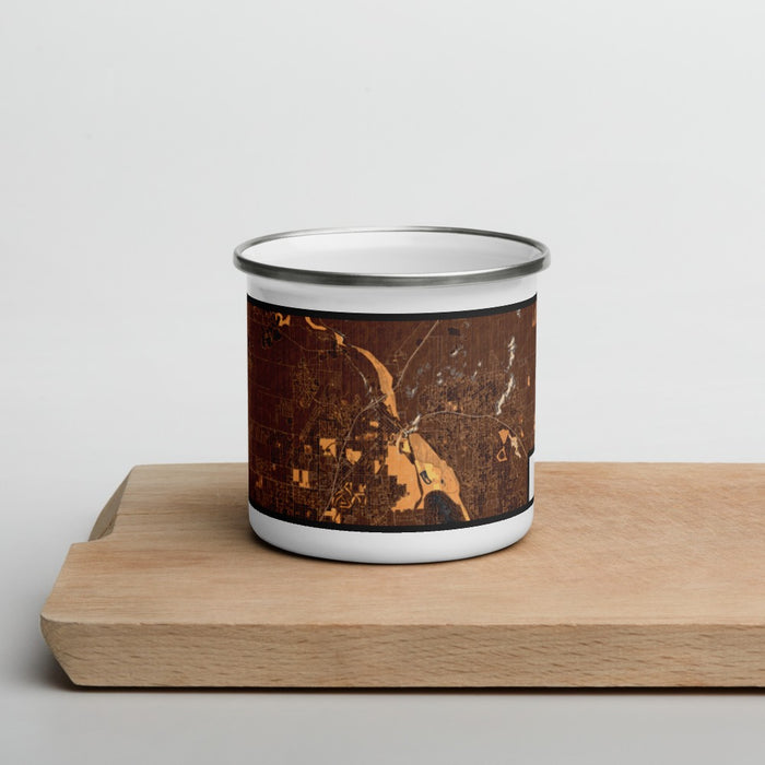 Front View Custom Victorville California Map Enamel Mug in Ember on Cutting Board
