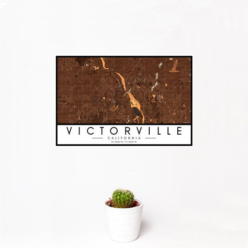 12x18 Victorville California Map Print Landscape Orientation in Ember Style With Small Cactus Plant in White Planter