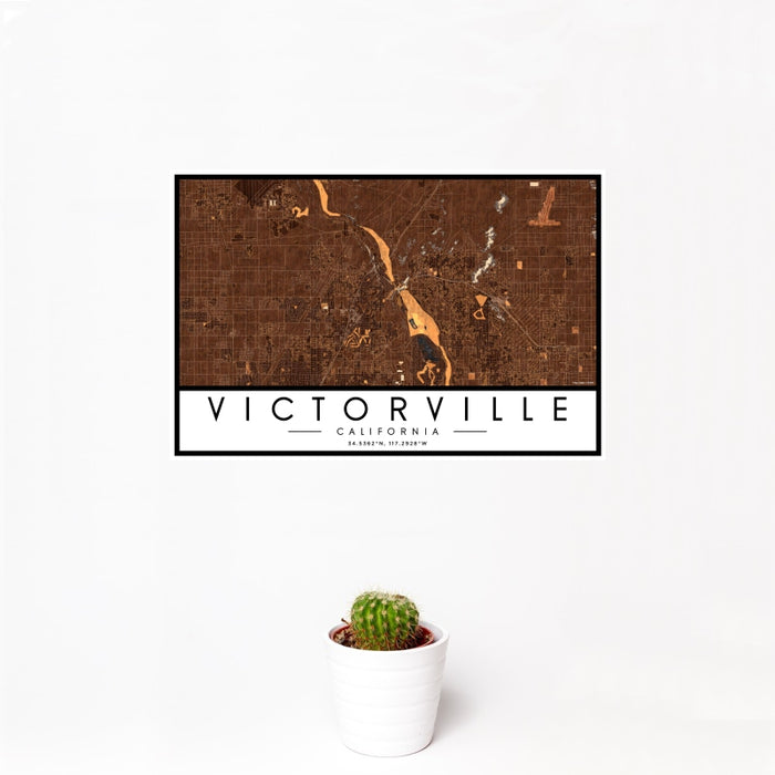 12x18 Victorville California Map Print Landscape Orientation in Ember Style With Small Cactus Plant in White Planter
