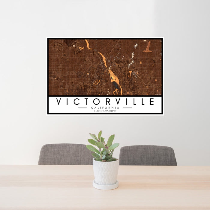 24x36 Victorville California Map Print Landscape Orientation in Ember Style Behind 2 Chairs Table and Potted Plant