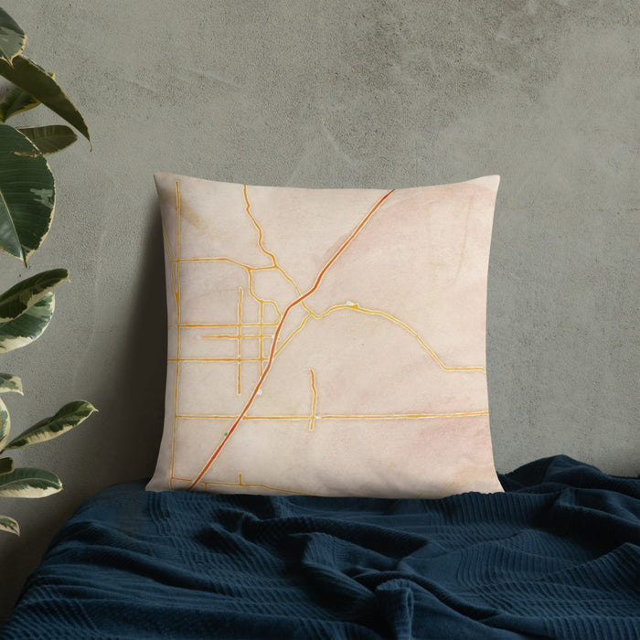 Custom Victorville California Map Throw Pillow in Watercolor on Bedding Against Wall