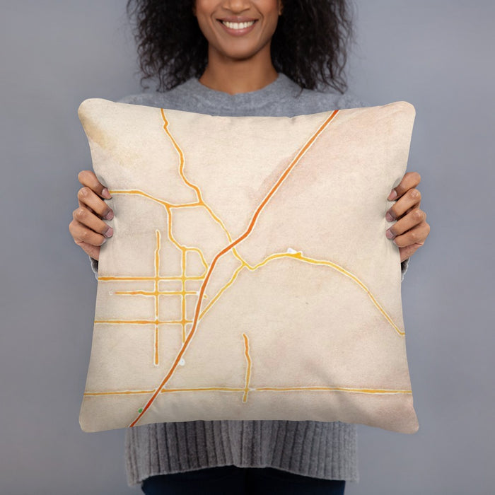 Person holding 18x18 Custom Victorville California Map Throw Pillow in Watercolor