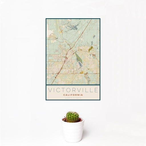 12x18 Victorville California Map Print Portrait Orientation in Woodblock Style With Small Cactus Plant in White Planter
