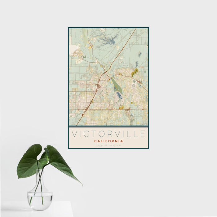 16x24 Victorville California Map Print Portrait Orientation in Woodblock Style With Tropical Plant Leaves in Water