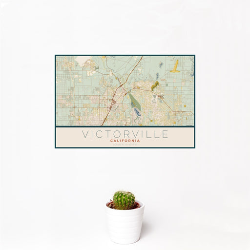 12x18 Victorville California Map Print Landscape Orientation in Woodblock Style With Small Cactus Plant in White Planter