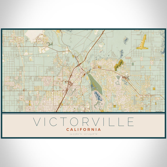 Victorville California Map Print Landscape Orientation in Woodblock Style With Shaded Background