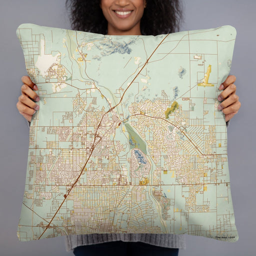 Person holding 22x22 Custom Victorville California Map Throw Pillow in Woodblock