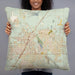 Person holding 22x22 Custom Victorville California Map Throw Pillow in Woodblock