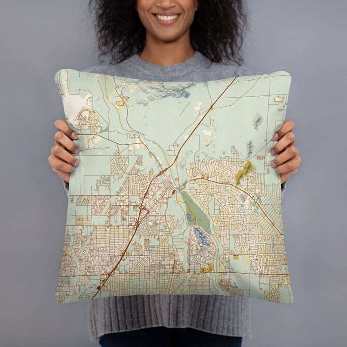 Person holding 18x18 Custom Victorville California Map Throw Pillow in Woodblock