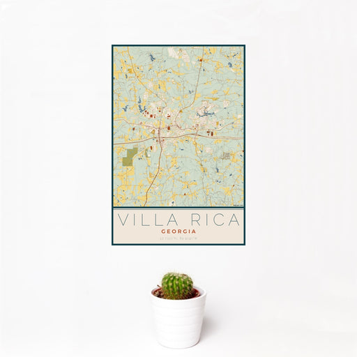 12x18 Villa Rica Georgia Map Print Portrait Orientation in Woodblock Style With Small Cactus Plant in White Planter