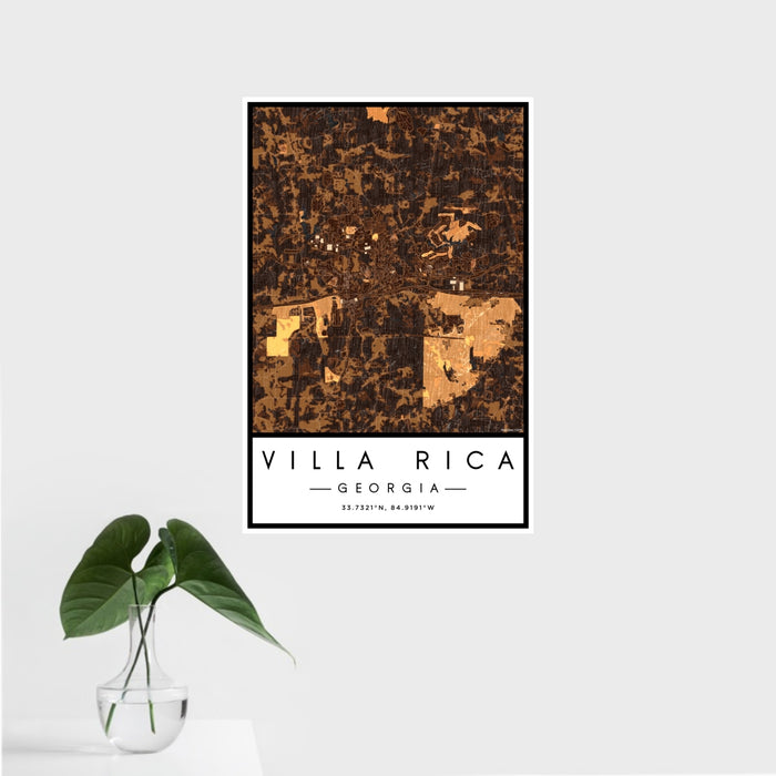 16x24 Villa Rica Georgia Map Print Portrait Orientation in Ember Style With Tropical Plant Leaves in Water