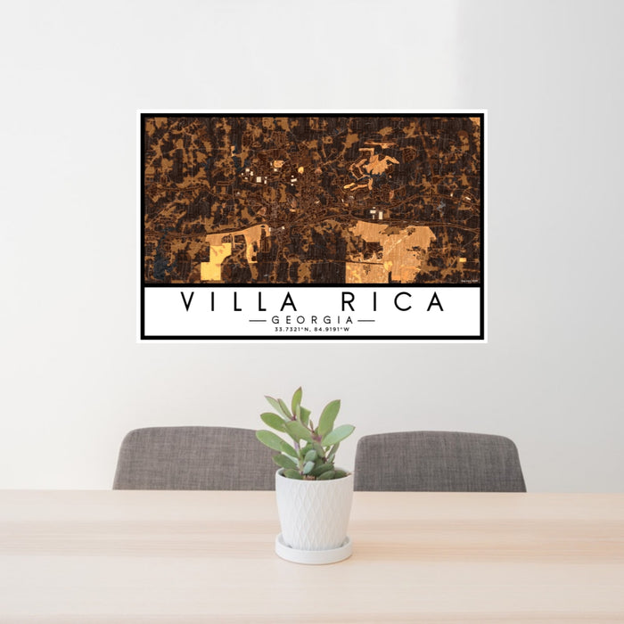 24x36 Villa Rica Georgia Map Print Lanscape Orientation in Ember Style Behind 2 Chairs Table and Potted Plant