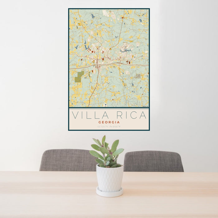 24x36 Villa Rica Georgia Map Print Portrait Orientation in Woodblock Style Behind 2 Chairs Table and Potted Plant