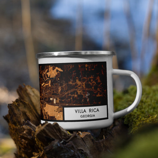 Right View Custom Villa Rica Georgia Map Enamel Mug in Ember on Grass With Trees in Background
