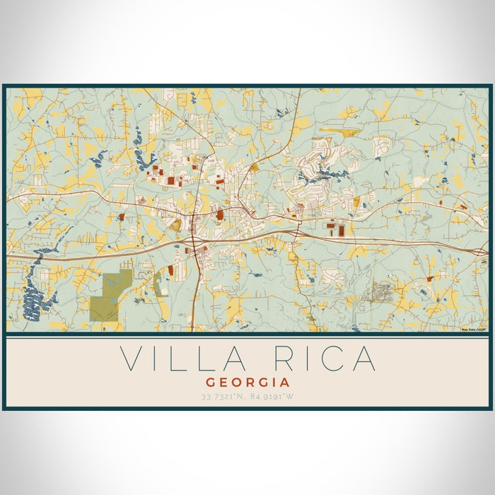 Villa Rica Georgia Map Print Landscape Orientation in Woodblock Style With Shaded Background