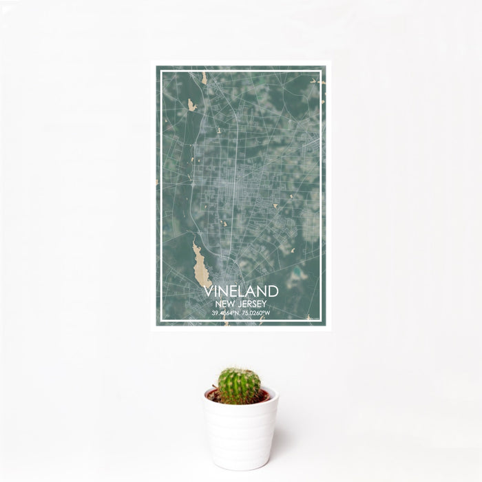 12x18 Vineland New Jersey Map Print Portrait Orientation in Afternoon Style With Small Cactus Plant in White Planter
