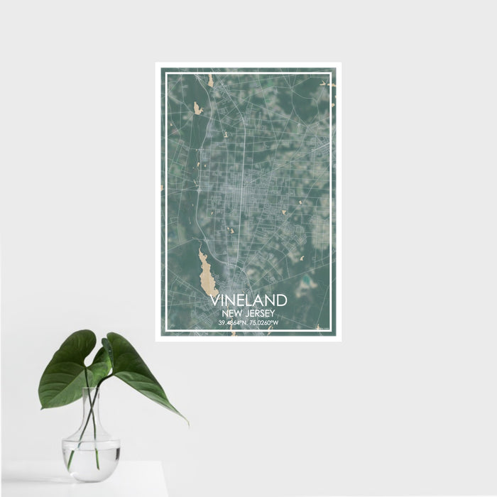 16x24 Vineland New Jersey Map Print Portrait Orientation in Afternoon Style With Tropical Plant Leaves in Water