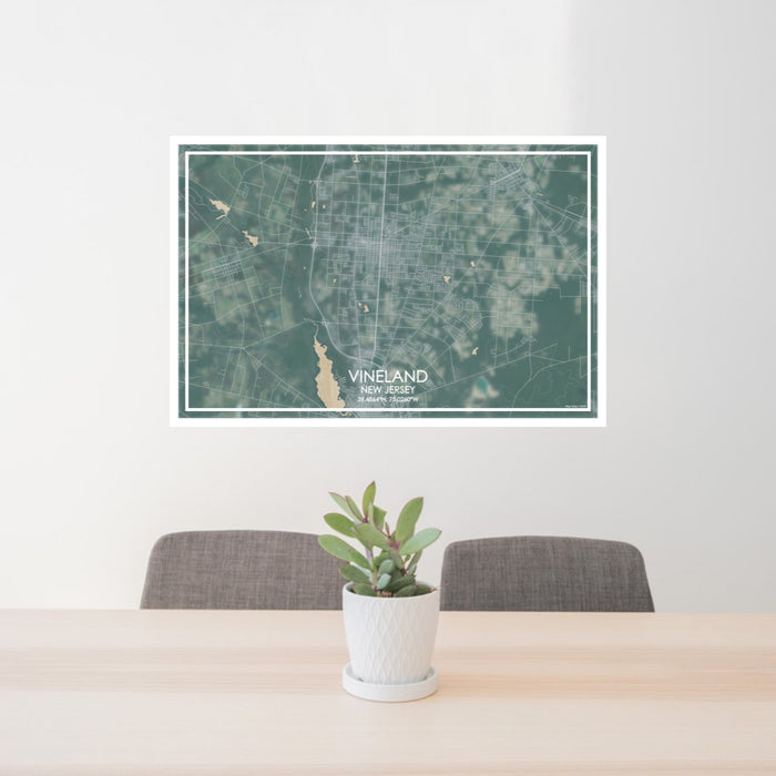 24x36 Vineland New Jersey Map Print Lanscape Orientation in Afternoon Style Behind 2 Chairs Table and Potted Plant