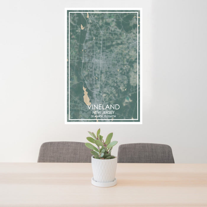 24x36 Vineland New Jersey Map Print Portrait Orientation in Afternoon Style Behind 2 Chairs Table and Potted Plant