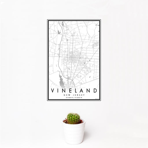 12x18 Vineland New Jersey Map Print Portrait Orientation in Classic Style With Small Cactus Plant in White Planter