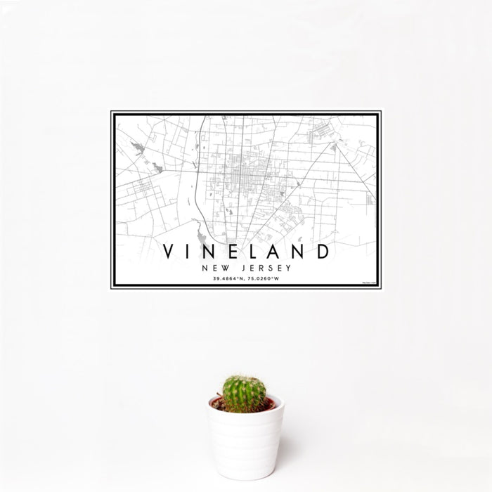 12x18 Vineland New Jersey Map Print Landscape Orientation in Classic Style With Small Cactus Plant in White Planter