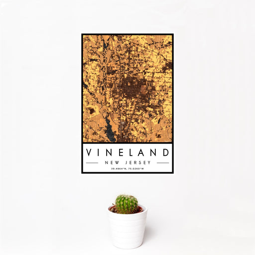 12x18 Vineland New Jersey Map Print Portrait Orientation in Ember Style With Small Cactus Plant in White Planter