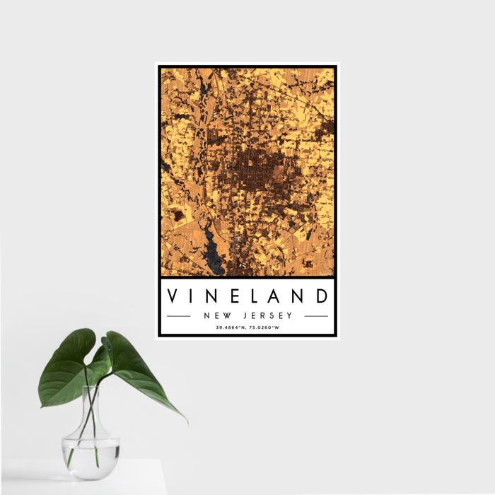 16x24 Vineland New Jersey Map Print Portrait Orientation in Ember Style With Tropical Plant Leaves in Water