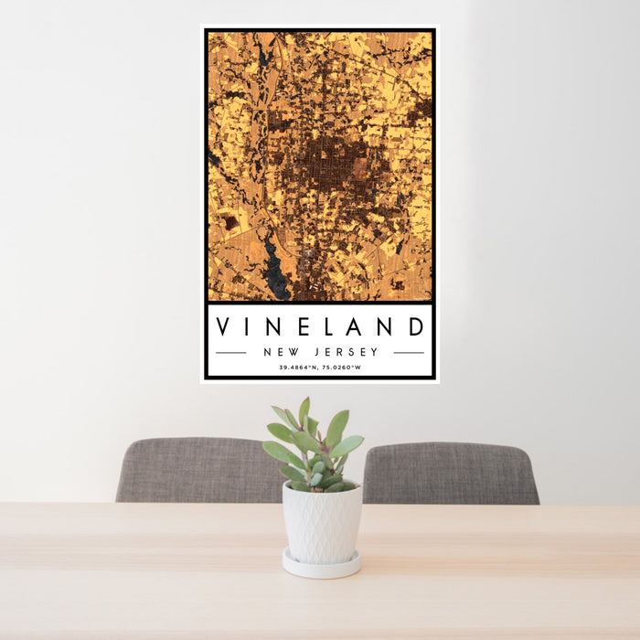 24x36 Vineland New Jersey Map Print Portrait Orientation in Ember Style Behind 2 Chairs Table and Potted Plant