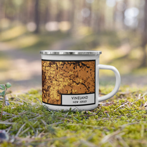 Right View Custom Vineland New Jersey Map Enamel Mug in Ember on Grass With Trees in Background