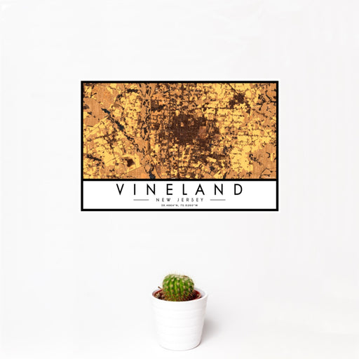 12x18 Vineland New Jersey Map Print Landscape Orientation in Ember Style With Small Cactus Plant in White Planter