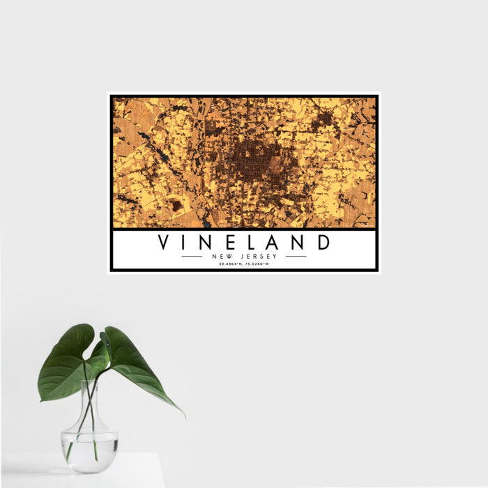16x24 Vineland New Jersey Map Print Landscape Orientation in Ember Style With Tropical Plant Leaves in Water