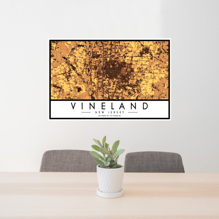 24x36 Vineland New Jersey Map Print Landscape Orientation in Ember Style Behind 2 Chairs Table and Potted Plant