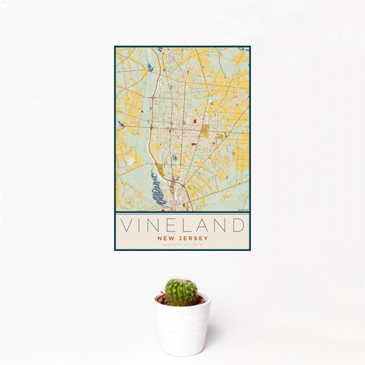 12x18 Vineland New Jersey Map Print Portrait Orientation in Woodblock Style With Small Cactus Plant in White Planter