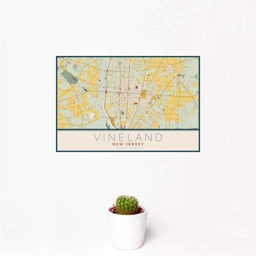 12x18 Vineland New Jersey Map Print Landscape Orientation in Woodblock Style With Small Cactus Plant in White Planter