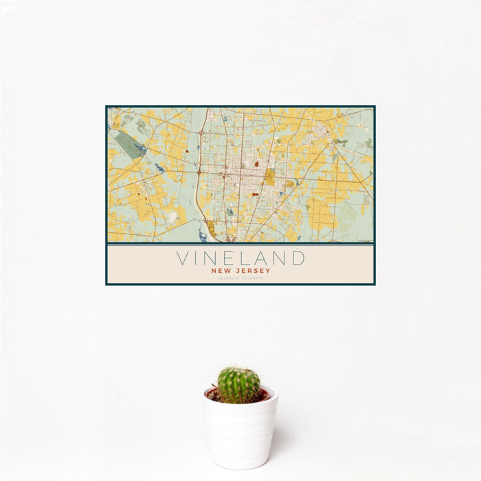 12x18 Vineland New Jersey Map Print Landscape Orientation in Woodblock Style With Small Cactus Plant in White Planter
