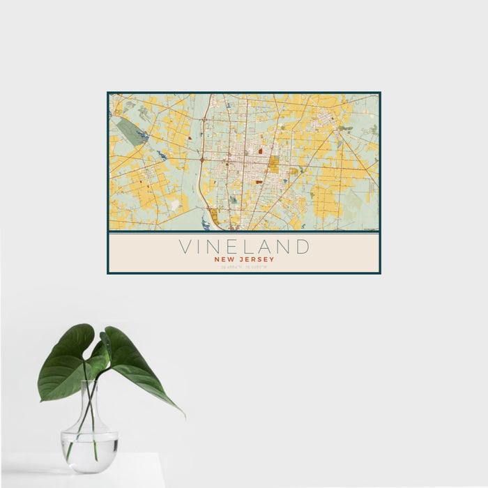 16x24 Vineland New Jersey Map Print Landscape Orientation in Woodblock Style With Tropical Plant Leaves in Water