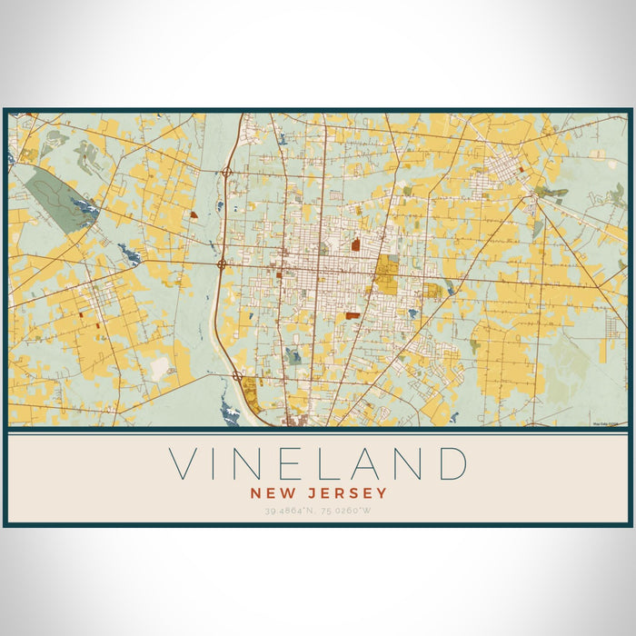 Vineland New Jersey Map Print Landscape Orientation in Woodblock Style With Shaded Background