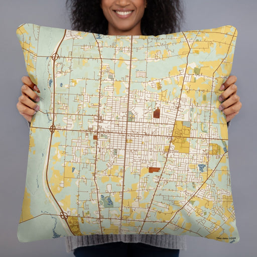 Person holding 22x22 Custom Vineland New Jersey Map Throw Pillow in Woodblock