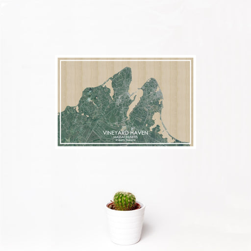 12x18 VINEYARD HAVEN Massachusetts Map Print Landscape Orientation in Afternoon Style With Small Cactus Plant in White Planter